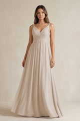 V - Neck Pleated A - Line Chiffon Bridesmaid Dress in Frost - KissProm Bridesmaid Dresses