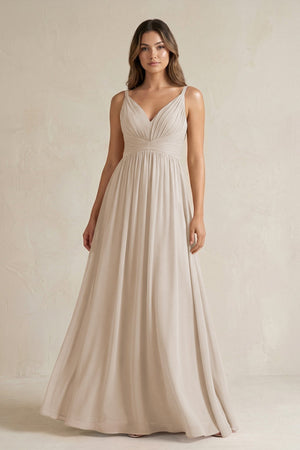 V - Neck Pleated A - Line Chiffon Bridesmaid Dress in Frost - KissProm Bridesmaid Dresses