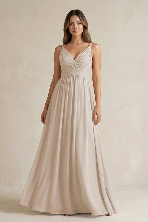 V - Neck Pleated A - Line Chiffon Bridesmaid Dress in Frost - KissProm Bridesmaid Dresses