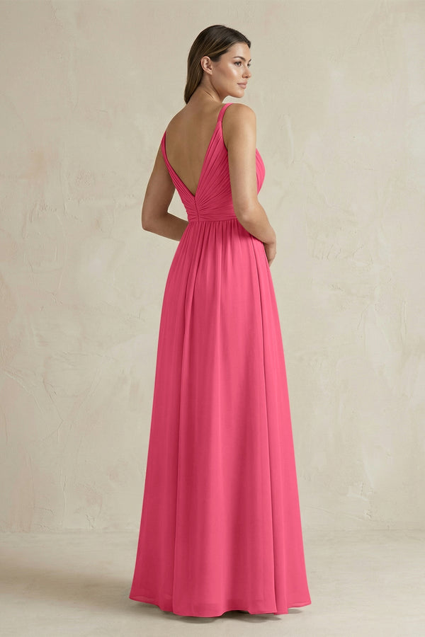 V - Neck Pleated A - Line Chiffon Bridesmaid Dress in Fuchsia - KissProm Bridesmaid Dresses
