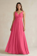 V - Neck Pleated A - Line Chiffon Bridesmaid Dress in Fuchsia - KissProm Bridesmaid Dresses