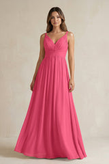 V - Neck Pleated A - Line Chiffon Bridesmaid Dress in Fuchsia - KissProm Bridesmaid Dresses