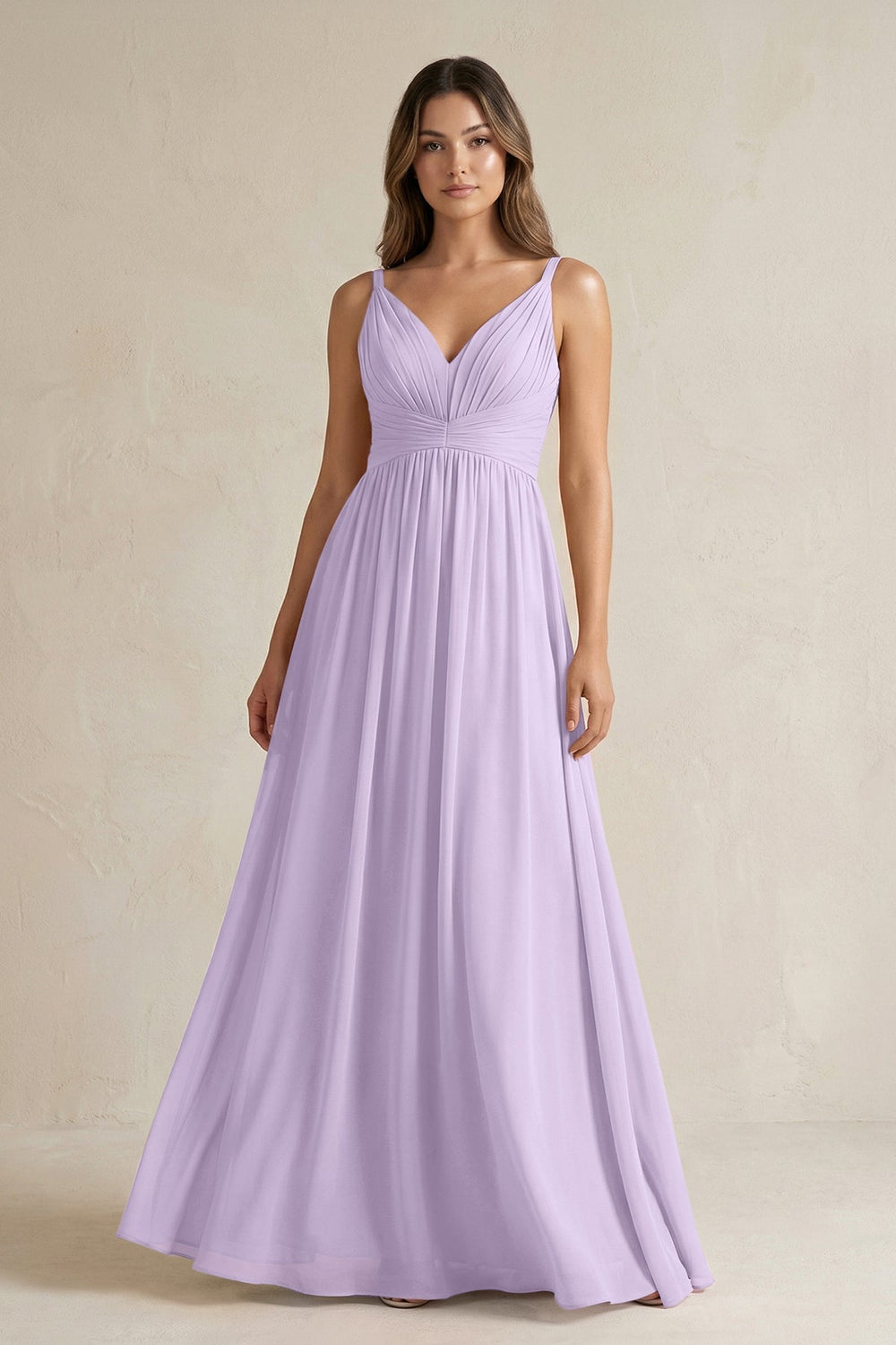 V - Neck Pleated A - Line Chiffon Bridesmaid Dress in Lavender - KissProm Bridesmaid Dresses