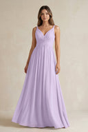 V - Neck Pleated A - Line Chiffon Bridesmaid Dress in Lavender - KissProm Bridesmaid Dresses