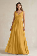 V - Neck Pleated A - Line Chiffon Bridesmaid Dress in Marigold - KissProm Bridesmaid Dresses