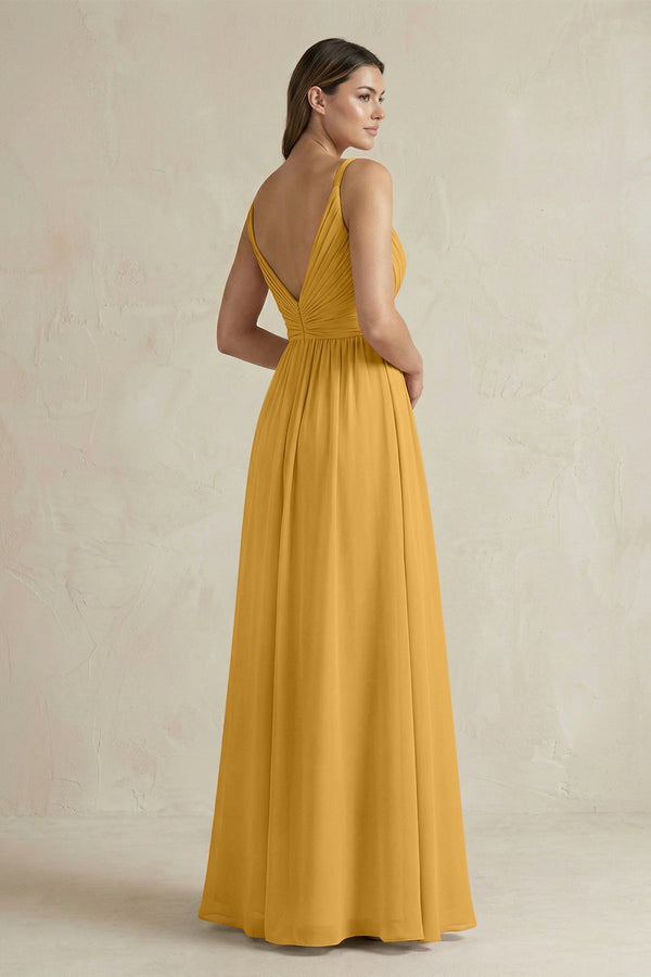 V - Neck Pleated A - Line Chiffon Bridesmaid Dress in Marigold - KissProm Bridesmaid Dresses