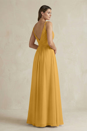 V - Neck Pleated A - Line Chiffon Bridesmaid Dress in Marigold - KissProm Bridesmaid Dresses