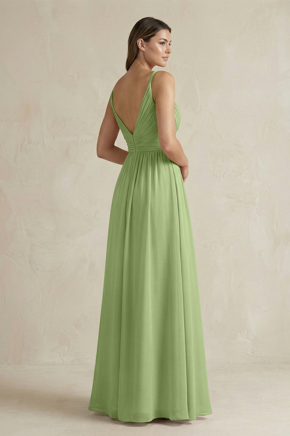 V - Neck Pleated A - Line Chiffon Bridesmaid Dress in Matcha - KissProm Bridesmaid Dresses