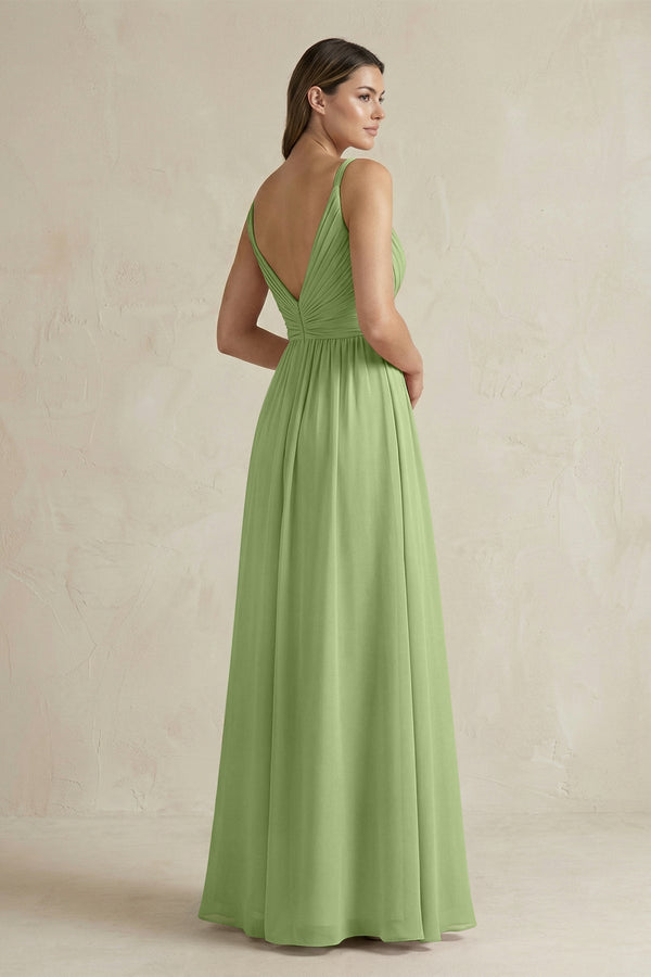 V - Neck Pleated A - Line Chiffon Bridesmaid Dress in Matcha - KissProm Bridesmaid Dresses