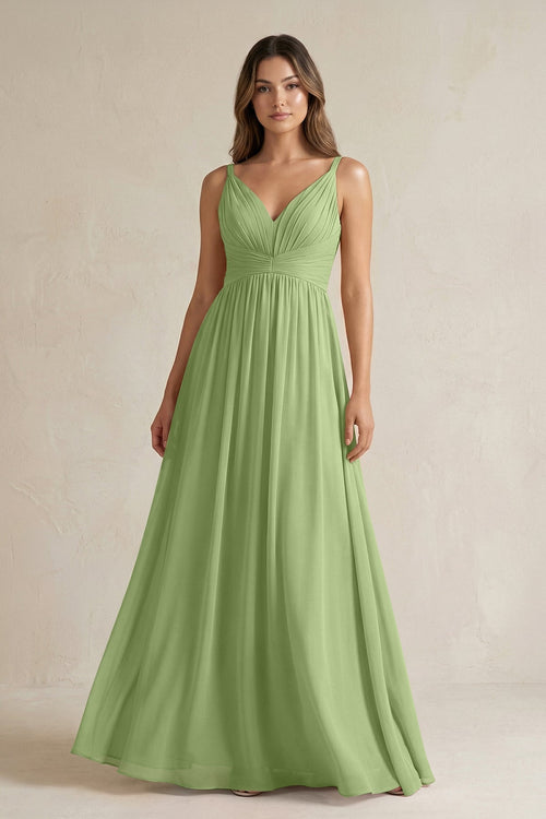 V - Neck Pleated A - Line Chiffon Bridesmaid Dress in Matcha - KissProm Bridesmaid Dresses
