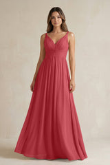 V - Neck Pleated A - Line Chiffon Bridesmaid Dress in Merlot - KissProm Bridesmaid Dresses