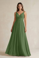 V - Neck Pleated A - Line Chiffon Bridesmaid Dress in Moss - KissProm Bridesmaid Dresses