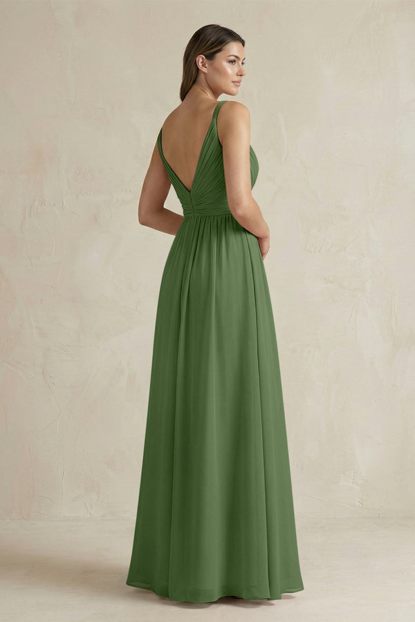 V - Neck Pleated A - Line Chiffon Bridesmaid Dress in Moss - KissProm Bridesmaid Dresses