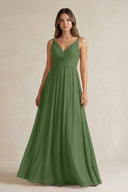 V - Neck Pleated A - Line Chiffon Bridesmaid Dress in Moss - KissProm Bridesmaid Dresses