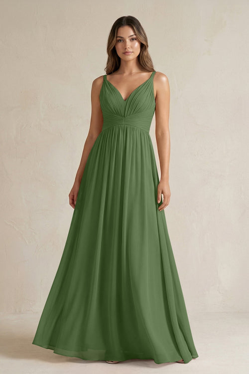 V - Neck Pleated A - Line Chiffon Bridesmaid Dress in Moss - KissProm Bridesmaid Dresses
