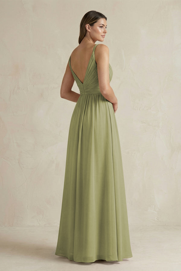 V - Neck Pleated A - Line Chiffon Bridesmaid Dress in Moss Green - KissProm Bridesmaid Dresses