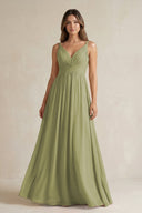 V - Neck Pleated A - Line Chiffon Bridesmaid Dress in Moss Green - KissProm Bridesmaid Dresses