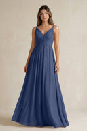 V - Neck Pleated A - Line Chiffon Bridesmaid Dress in Navy - KissProm Bridesmaid Dresses