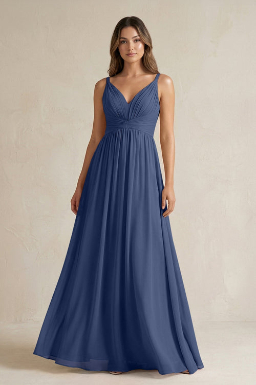 V - Neck Pleated A - Line Chiffon Bridesmaid Dress in Navy - KissProm Bridesmaid Dresses