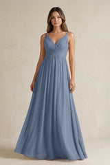 V - Neck Pleated A - Line Chiffon Bridesmaid Dress in Neptune - KissProm Bridesmaid Dresses
