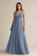 V - Neck Pleated A - Line Chiffon Bridesmaid Dress in Neptune - KissProm Bridesmaid Dresses