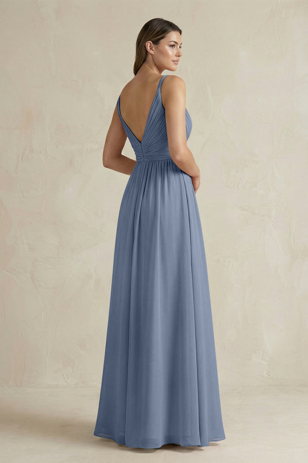 V - Neck Pleated A - Line Chiffon Bridesmaid Dress in Neptune - KissProm Bridesmaid Dresses