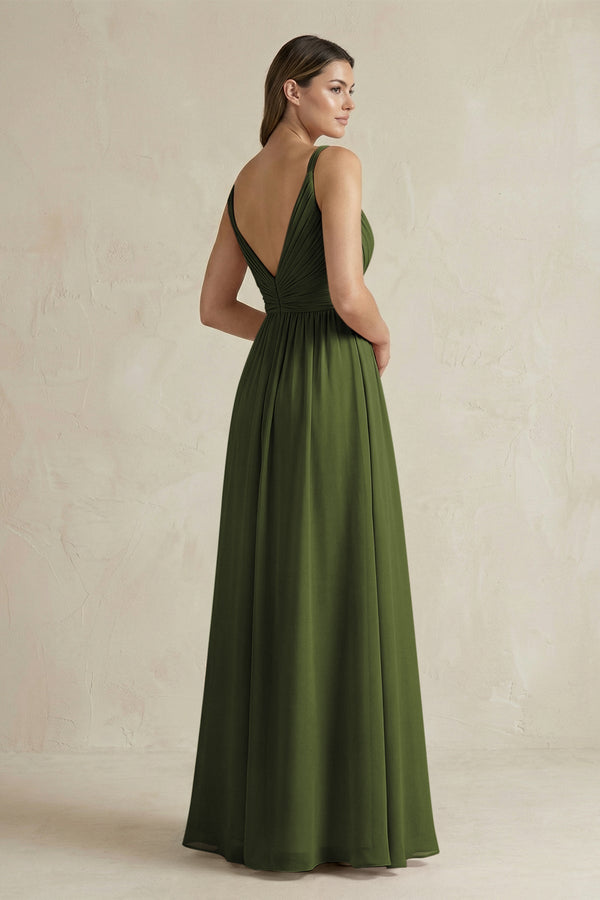 V - Neck Pleated A - Line Chiffon Bridesmaid Dress in Olive - KissProm Bridesmaid Dresses