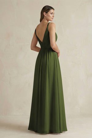 V - Neck Pleated A - Line Chiffon Bridesmaid Dress in Olive - KissProm Bridesmaid Dresses