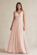 V - Neck Pleated A - Line Chiffon Bridesmaid Dress in Pale Blush - KissProm Bridesmaid Dresses