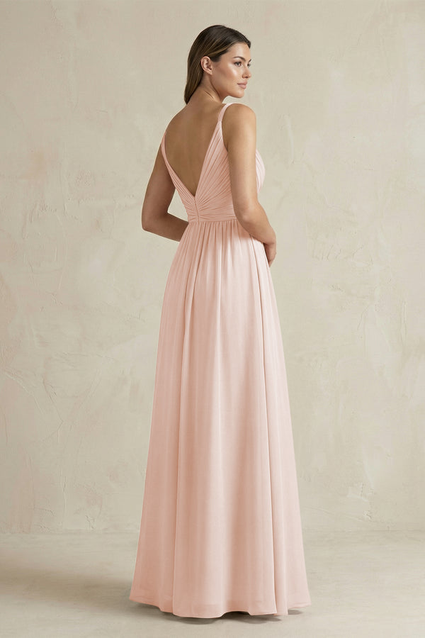 V - Neck Pleated A - Line Chiffon Bridesmaid Dress in Pale Blush - KissProm Bridesmaid Dresses