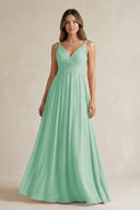 V - Neck Pleated A - Line Chiffon Bridesmaid Dress in Pale Pistachio - KissProm Bridesmaid Dresses