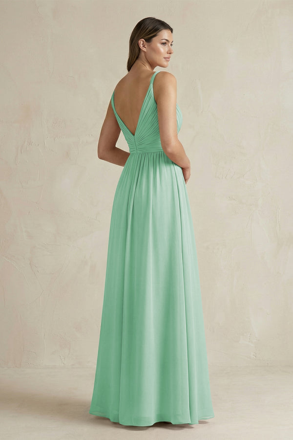 V - Neck Pleated A - Line Chiffon Bridesmaid Dress in Pale Pistachio - KissProm Bridesmaid Dresses