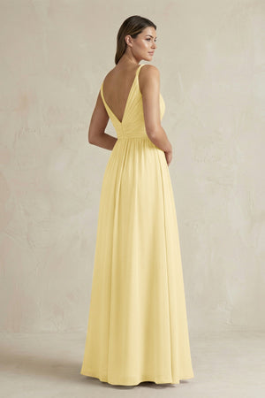 V - Neck Pleated A - Line Chiffon Bridesmaid Dress in Pastel Yellow - KissProm Bridesmaid Dresses