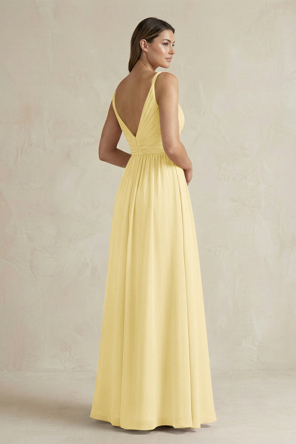 V - Neck Pleated A - Line Chiffon Bridesmaid Dress in Pastel Yellow - KissProm Bridesmaid Dresses