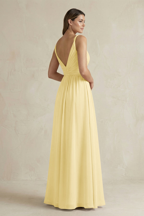V - Neck Pleated A - Line Chiffon Bridesmaid Dress in Pastel Yellow - KissProm Bridesmaid Dresses