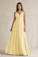 V - Neck Pleated A - Line Chiffon Bridesmaid Dress in Pastel Yellow - KissProm Bridesmaid Dresses