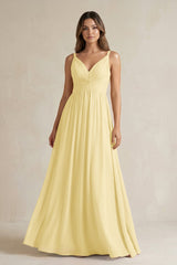 V - Neck Pleated A - Line Chiffon Bridesmaid Dress in Pastel Yellow - KissProm Bridesmaid Dresses