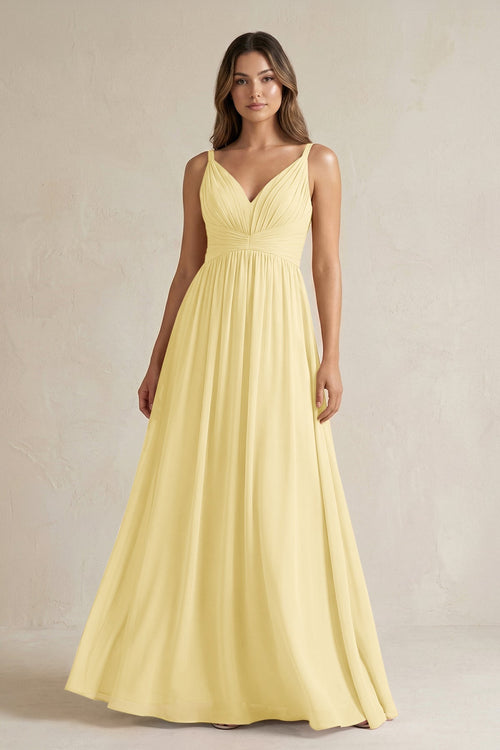 V - Neck Pleated A - Line Chiffon Bridesmaid Dress in Pastel Yellow - KissProm Bridesmaid Dresses