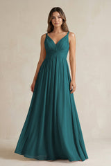 V - Neck Pleated A - Line Chiffon Bridesmaid Dress in Pine - KissProm Bridesmaid Dresses