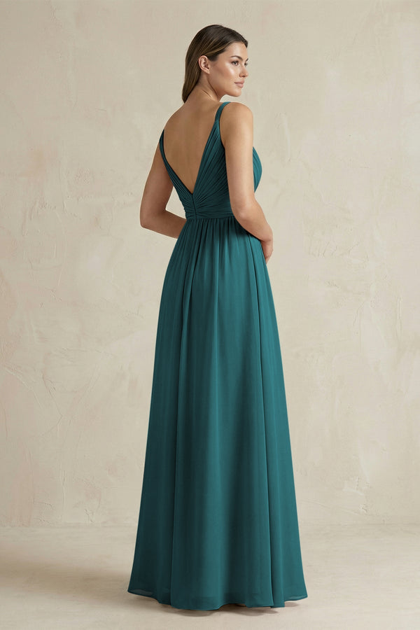 V - Neck Pleated A - Line Chiffon Bridesmaid Dress in Pine - KissProm Bridesmaid Dresses