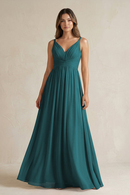 V - Neck Pleated A - Line Chiffon Bridesmaid Dress in Pine - KissProm Bridesmaid Dresses