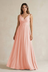 V - Neck Pleated A - Line Chiffon Bridesmaid Dress in Rose Petal - KissProm Bridesmaid Dresses