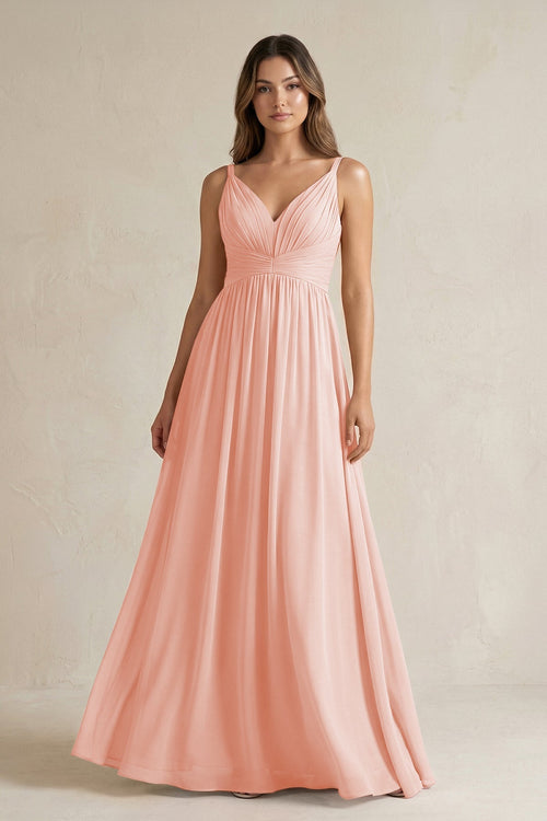 V - Neck Pleated A - Line Chiffon Bridesmaid Dress in Rose Petal - KissProm Bridesmaid Dresses