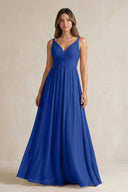 V - Neck Pleated A - Line Chiffon Bridesmaid Dress in Royal Blue - KissProm Bridesmaid Dresses
