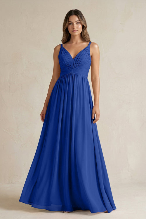 V - Neck Pleated A - Line Chiffon Bridesmaid Dress in Royal Blue - KissProm Bridesmaid Dresses