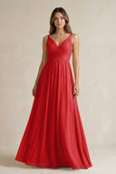 V - Neck Pleated A - Line Chiffon Bridesmaid Dress in Ruby Red - KissProm Bridesmaid Dresses