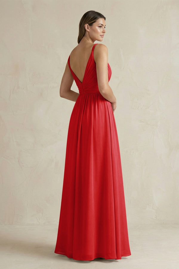V - Neck Pleated A - Line Chiffon Bridesmaid Dress in Ruby Red - KissProm Bridesmaid Dresses
