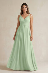 V - Neck Pleated A - Line Chiffon Bridesmaid Dress in Sage - KissProm Bridesmaid Dresses