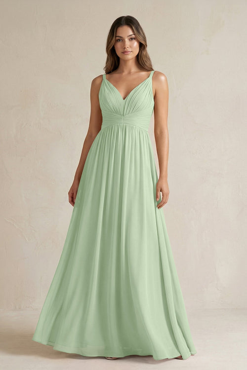 V - Neck Pleated A - Line Chiffon Bridesmaid Dress in Sage - KissProm Bridesmaid Dresses