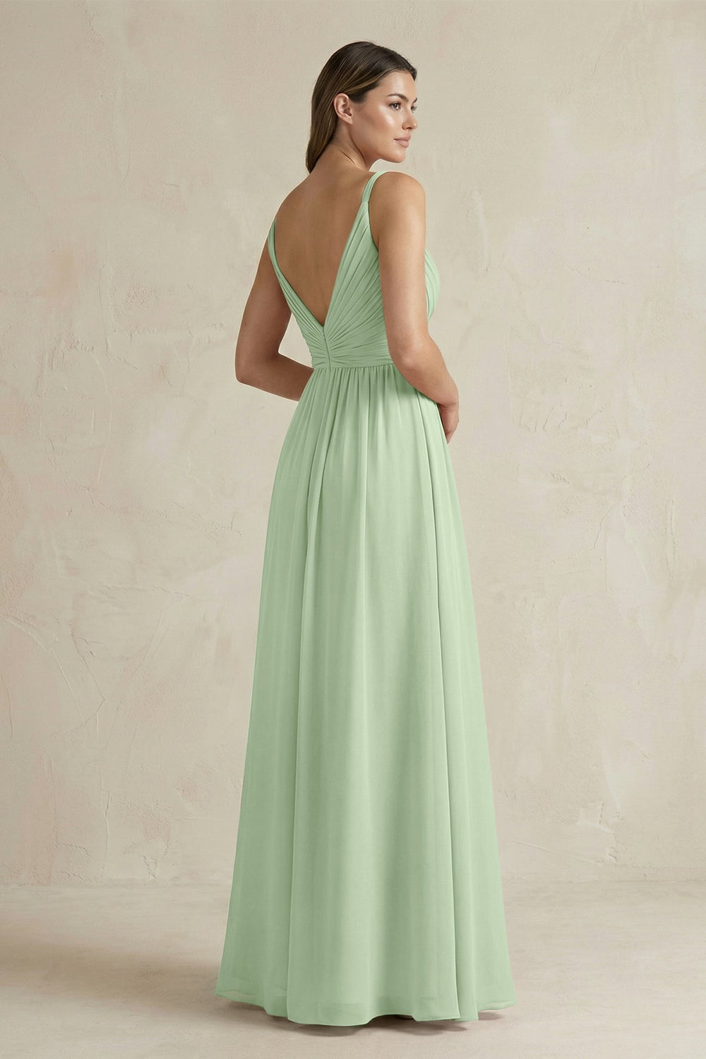 V - Neck Pleated A - Line Chiffon Bridesmaid Dress in Sage - KissProm Bridesmaid Dresses